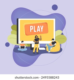 Huge computer monitor with play button and tiny people nearby playing video game on different devices. Men using laptop and tablet and woman using VR glasses. Vector illustration. Technology concept