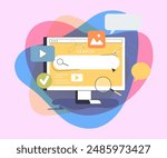 Huge computer with search box and magnifying glass. Search engine result page or SERP flat vector illustration. Marketing, search engine optimization concept for banner, website design