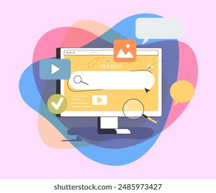 Huge computer with search box and magnifying glass. Search engine result page or SERP flat vector illustration. Marketing, search engine optimization concept for banner, website design