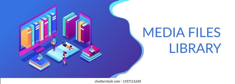 Huge computer and smartphone with a lot of books and students using e-library. E-library, online education materials, media files library concept. Isometric 3D banner header template copy space.