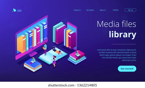 Huge computer and smartphone with a lot of books and students using e-library. E-library, online education materials, media files library concept. Isometric 3D website app landing web page template