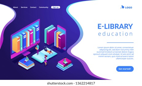 Huge computer and smartphone with a lot of books and students using e-library. E-library, online education materials, media files library concept. Isometric 3D website app landing web page template