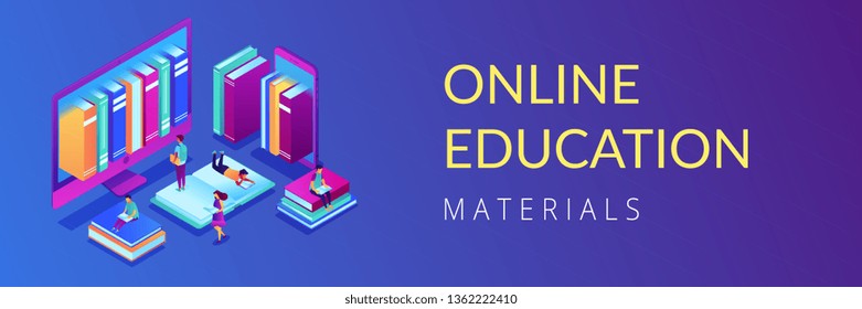 Huge computer and smartphone with a lot of books and students using e-library. E-library, online education materials, media files library concept. Isometric 3D banner header template copy space.
