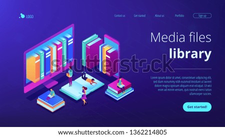 Huge computer and smartphone with a lot of books and students using e-library. E-library, online education materials, media files library concept. Isometric 3D website app landing web page template