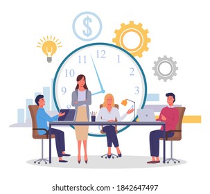 Huge conceptual clock, dollar icon, gears, idea light bulb, big table, employees, partners or competitors with laptops, woman manager standing, blond girl sitting. Negotiations, workflow. Flat image
