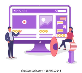 Huge Conceptual Monitor With Video Clip, Promotional Presentation, Advertising, Chat. Male Manager Or Salesman Points To Screen.Young Smiling Girl Sitting On Big Colorful Megaphone. Flat Vector Image