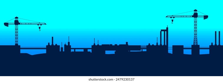 A huge construction with a tower crane. Vector drawing.