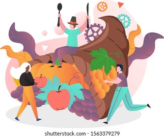 Huge cornucopia symbol of harvest with pumpkin, grapes, apple and happy micro characters, vector illustration. Thanksgiving Day celebration concept for web banner, website page etc.