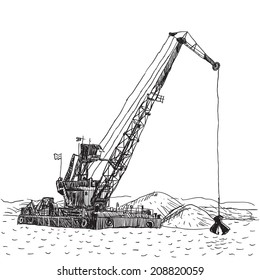 Huge crane barge Industrial ship that digs sand, marine dredging digging sea bottom. Sketch. Black contour on a white background quarry; ore; landscape; earth. Vector.