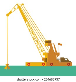 Huge crane barge Industrial ship that digs sand marine dredging digging sea bottom. Vector 