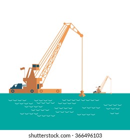 Huge crane barge Industrial ship that digs sand marine dredging digging sea bottom. light sea green, pastel colors on white background. Vector