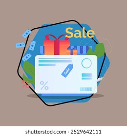 Huge credit card, sale tag and gift boxes flat vector illustration. Shopping, sale, seasonal discounts, payment by card, money, special offer concept for banner or website design