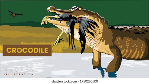 The huge crocodile is eating the bird in river side