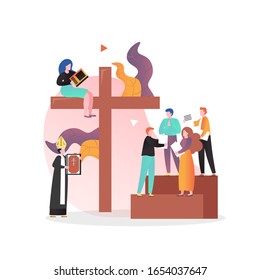 Huge cross, priest and faithful people reading Holy Bible Christian religious book, vector illustration. Christianity religion, Christian school concept for web banner, website page etc.