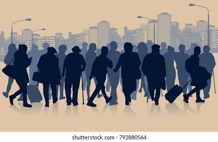 Huge crowd of people silhouette  in the city landscape, vector illustration