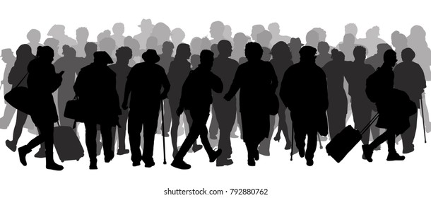 Huge Crowd Of People Silhouette On White Background, Vector Illustration