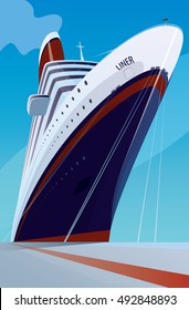 Huge cruise liner moored at the pier. Front view. Transportation or ship docked concept. Vector illustration