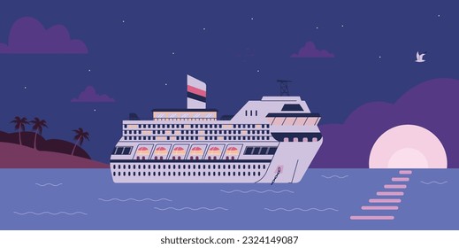 Huge cruise liner swims in evening sea or ocean flat style, vector illustration. Cruise vacation, beautiful seascape palm trees, flying bird and setting sun, design for postcards or advertising