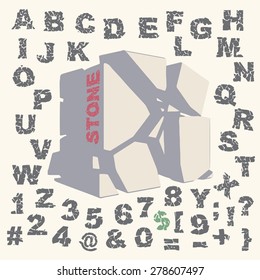 huge cube broken into pieces and stylized bold alphabet with cracked letters