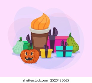 Huge cup with autumn seasonal drinks, pumpkins and gift boxes. Halloween or autumn banner design. Halloween celebration, holiday, party concept. Vector illustration for postcard or invitation
