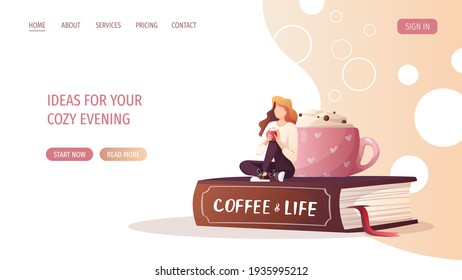 Huge cup, book and woman relaxing and drinking coffee. Coffee shop, break, cafe-bar, coffee lover concept.  Vector illustration for poster, banner, website. 