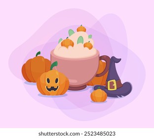 Huge cup with cappuccino decorated with pumpkins, witch hat and jack-o-lantern on abstract background. Halloween banner design. Celebration, holiday, autumn concept. Vector illustration for poster