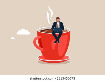 Enorme taza de café caliente y programación sentada en la taza y bebiendo café. Ilustración vectorial plana