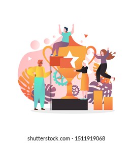 Huge cup trophy and successful tiny business people celebrating victory, vector illustration. Winners, team achievements concept for web banner, website page etc.