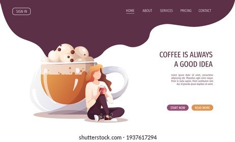 Huge cup and woman relaxing and drinking coffee. Coffee shop, break, cafe-bar, coffee lover concept.  Vector illustration for poster, banner, website. 