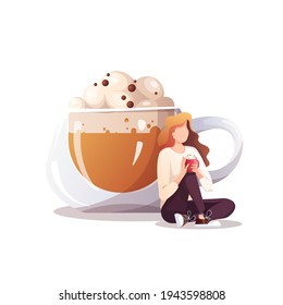 Huge Cup And Woman Relaxing And Drinking Coffee. Coffee Shop, Break, Cafe-bar, Coffee Lover Concept.  Isolated Vector Illustration For Poster, Banner, Card. Cover. 