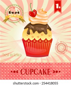 Huge cupcake with cherry and chocolate on striped background