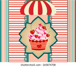 Huge cupcake with pink cream, striped awning