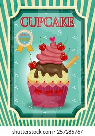 Huge cupcake with small cherries and chocolate cream