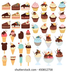 huge cute set of cupcakes, slices of cake and ice creams on white background. can be used like stickers or for cards