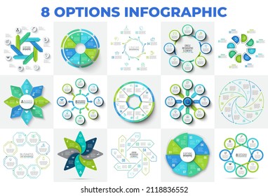 Enormes diagramas con 8 opciones, pasos o partes. Círculos, flechas, octagones e infografías de línea para presentaciones, anuncios o sitios web.