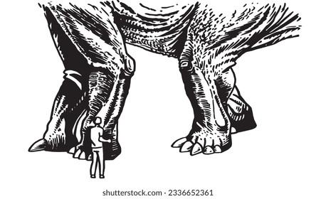 Huge dinosaur diplodocus and small man isolated on white, massive legs of dinosaur ,illustration