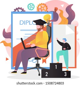 Huge diploma, graduate wearing graduation hat using laptop while sitting on chair, vector illustration. 