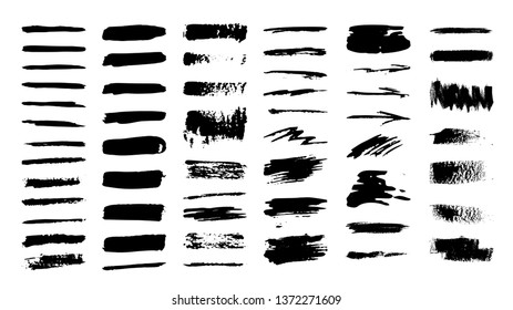 Huge dirty ink texture collection. Acrylic paint brush stroke, messy texture, grungy backdrop. Artistic design elements for any purpose. Vector illustration isolated on white background.