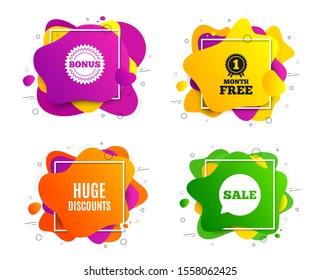 Huge Discounts. Liquid shape, various colors. Special offer price sign. Advertising Sale symbol. Geometric vector banner, square frames. Huge discounts text. Gradient shape badge. Vector