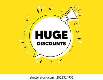 Huge Discounts. Megaphone yellow vector banner. Special offer price sign. Advertising Sale symbol. Thought speech bubble with quotes. Huge discounts chat think megaphone message. Vector