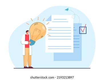 Huge Documents And Male Doctor Holding Big Lightbulb. Medical Professional With New Idea Flat Vector Illustration. Health, Innovation, Medicine Concept For Banner, Website Design Or Landing Web Page