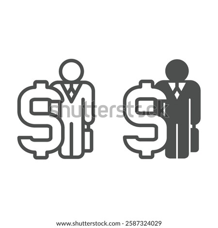 Huge dollar and businessman line and solid icon, bank account concept. Vector graphics. Man with briefcase, deposit portfolio bag sign on white background, outline style icon for mobile or web design