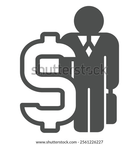 Huge dollar and businessman solid icon, bank account concept. Vector graphics. Man with briefcase, deposit portfolio bag sign on white background, glyph style icon for mobile or web design