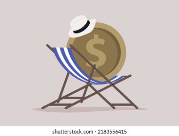 A huge dollar coin sunbathing in a striped beach chair, a vacation budget concept