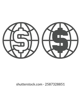 Huge dollar letter and world globe line and solid icon, finance advice concept. Vector graphics. Worldwide planet money transfer sign on white background, outline style icon for mobile or web design