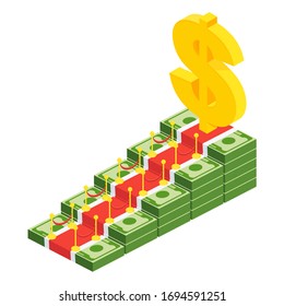 Huge dollar sign on top of stairs made of bundles of cash. Red carpet leads to recognition. Business metaphor for wealth, success. Flat cartoon illustration on white background.