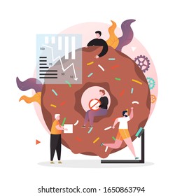 Huge donut and micro male characters running on treadmill, holding no sugar sign, vector illustration. Healthy lifestyle, eat less sugar in order to prevent obesity, diabetes, heart desease etc.