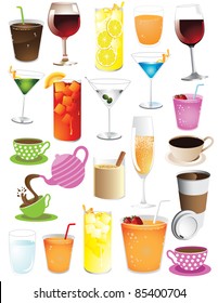 Huge drinks collection More than 20 different drinks. Grouped for easy editing.  EPS 8 vector with no open shapes, strokes or transparencies.