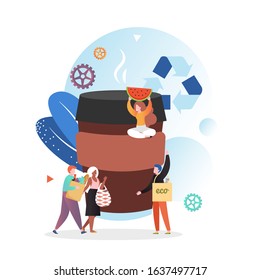 Huge eco friendly coffee cup, recycling symbol, micro characters with eco shopping bags, vector illustration. Save environment concept for web banner, website page etc.