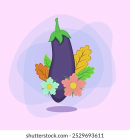 Enorme berenjena con hojas de otoño y Ilustración vectorial de flores. Dibujos de dibujos animados para diseño de carteles o Anuncios. Naturaleza, verduras, otoño u otoño, cosecha, concepto del día de Acción de Gracias